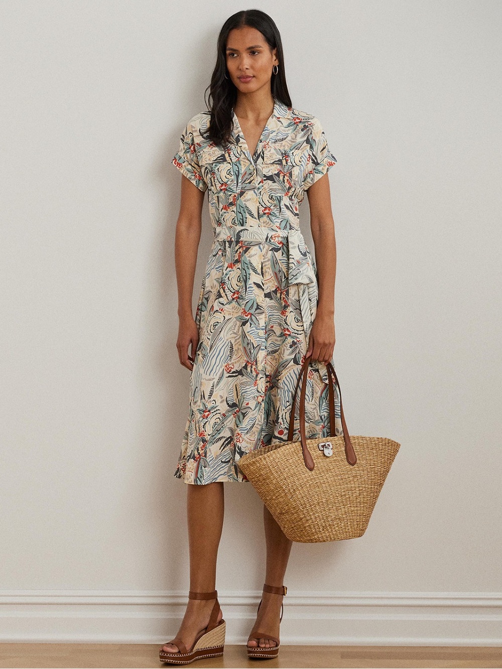 Polo by Ralph Lauren Cream Floral Print Midi Dress